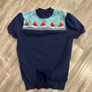 Unique Vintage Navy and Light Blue Sweatshirt with Red Sailboat Accents